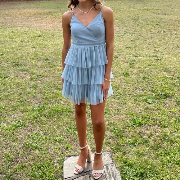 Blue Chiffon ruffle dress size 3 - Picture 4 of 5